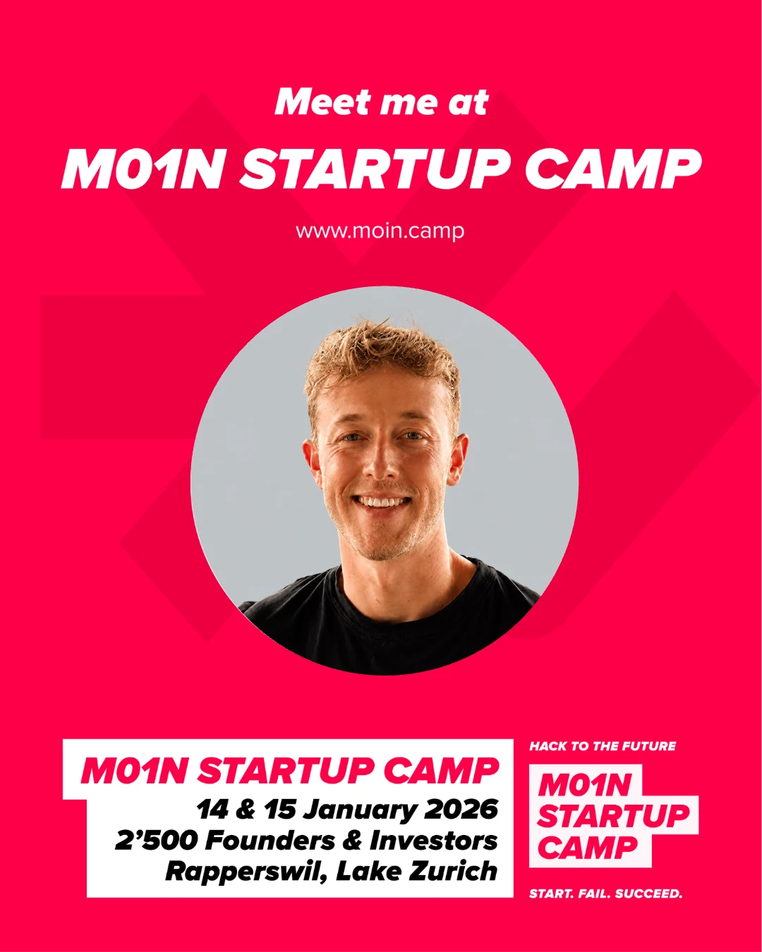 M01N Startup Camp attendee graphic featuring a portrait and event details