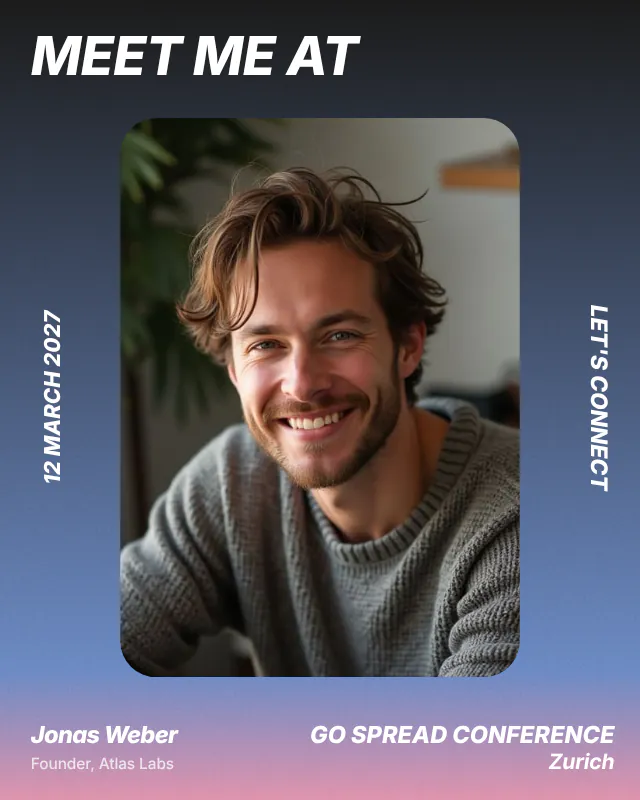 Go Spread event graphic template: Meet me at, attendee photo, date and Go Spread Conference