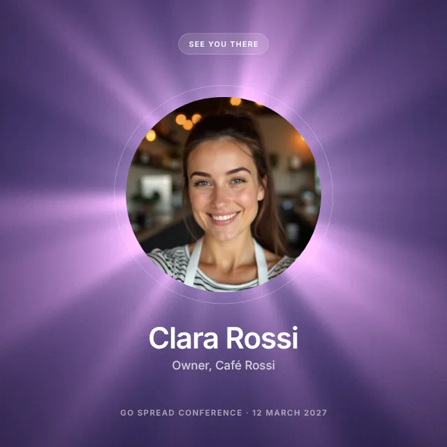 Event graphic with an animated light-ray background, made in the Go Spread Design Editor